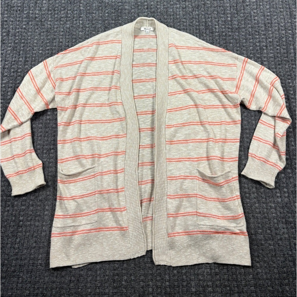 Madewell Striped Open Front Cardigan Sweater Pockets XL Beige Orange Knit
